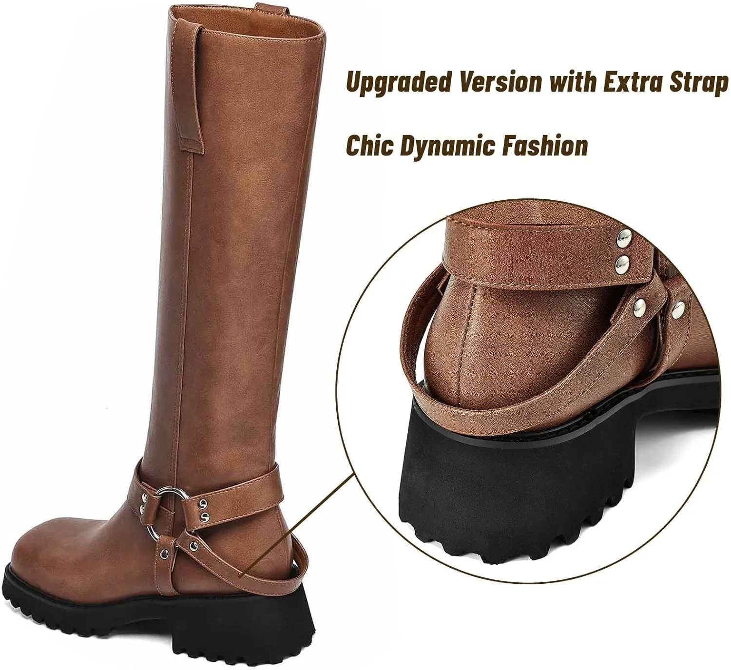 Women's Knee High Boots Square Toe Low Chunky Motorcycle Boots Fashion Buckles Biker Riding Boots 