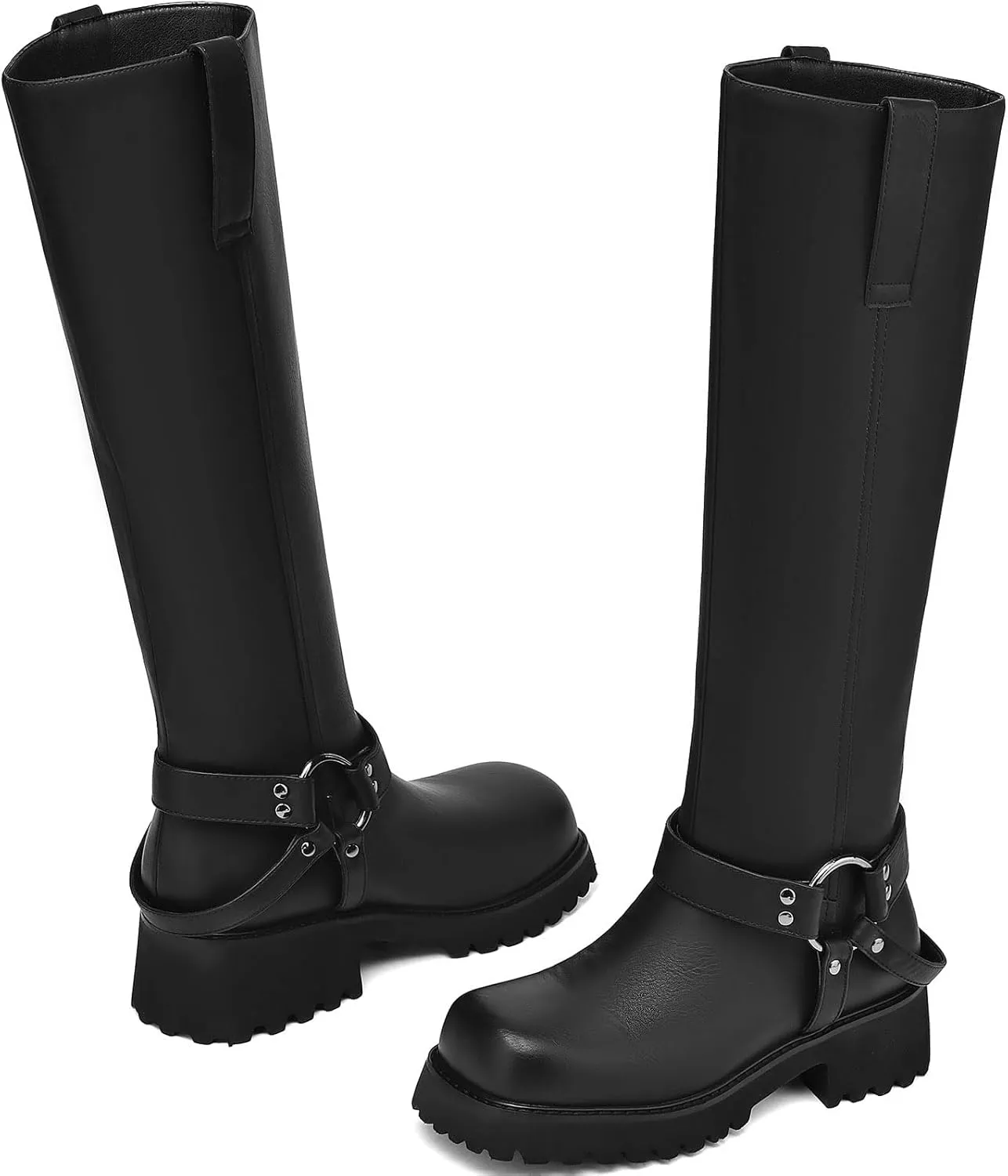 Women's Knee High Boots Square Toe Low Chunky Motorcycle Boots Fashion Buckles Biker Riding Boots 