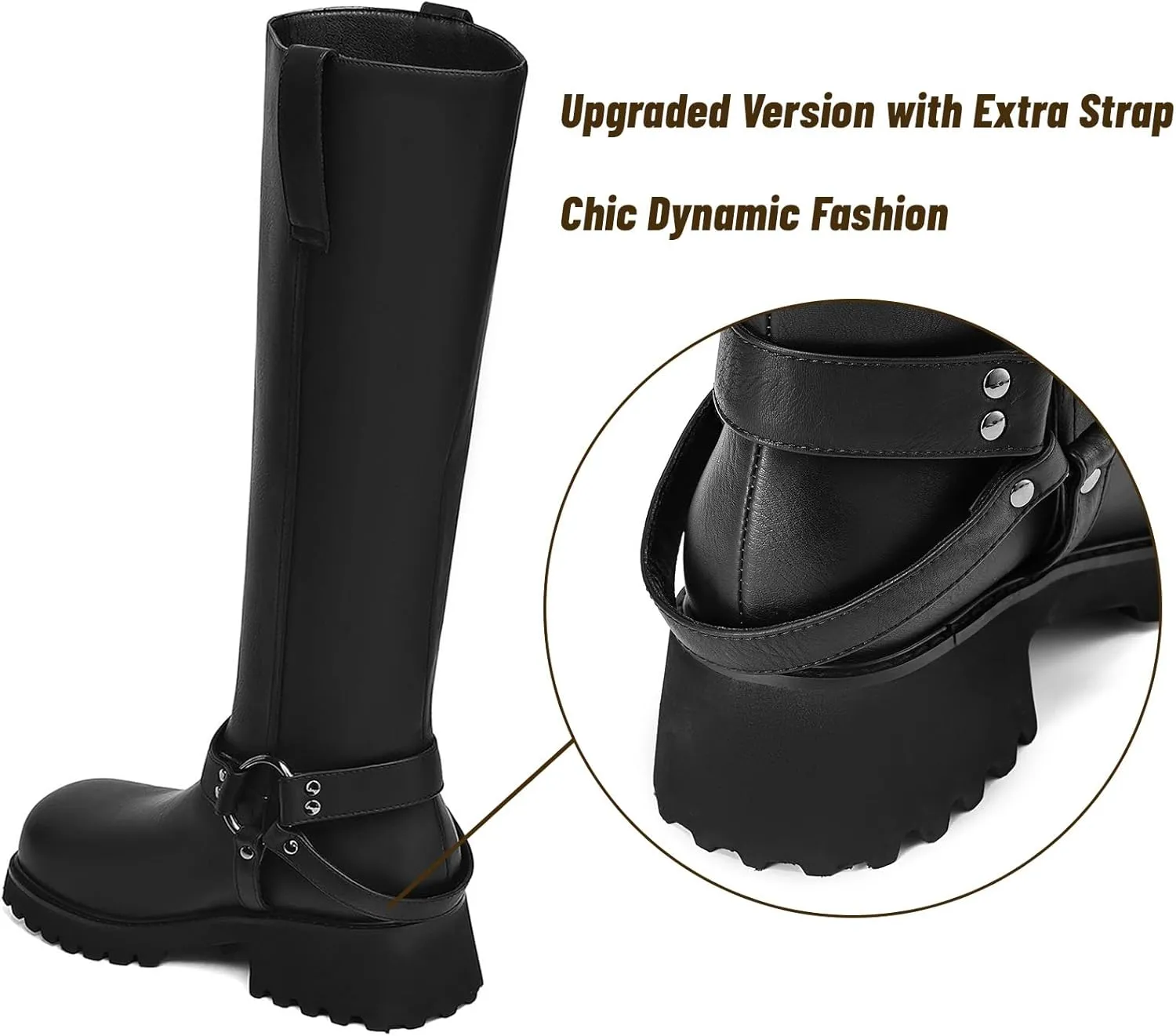 Women's Knee High Boots Square Toe Low Chunky Motorcycle Boots Fashion Buckles Biker Riding Boots 