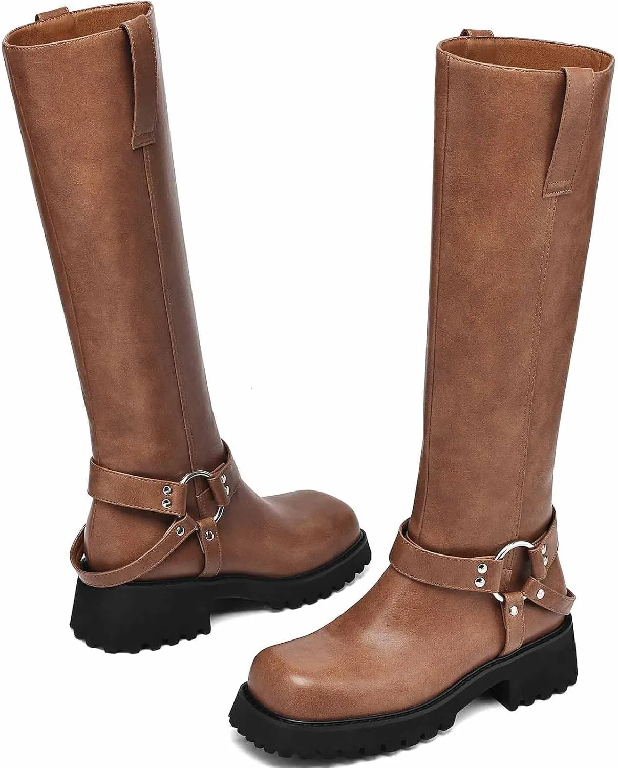 Women's Knee High Boots Square Toe Low Chunky Motorcycle Boots Fashion Buckles Biker Riding Boots 