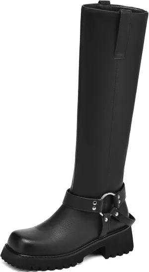 Women's Knee High Boots Square Toe Low Chunky Motorcycle Boots Fashion Buckles Biker Riding Boots 
