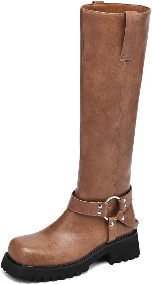 Women's Knee High Boots Square Toe Low Chunky Motorcycle Boots Fashion Buckles Biker Riding Boots 