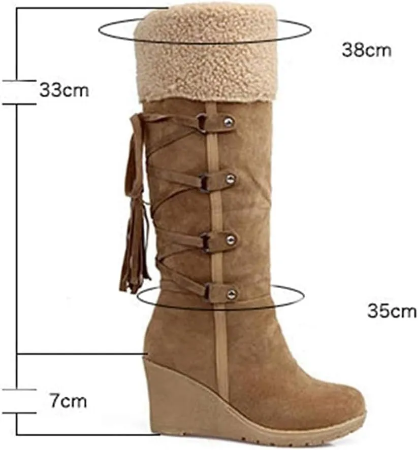 Women's Knee High Wedge Boots, Winter Warm Pointed Toe Suede Riding Boots Chunky Heel Faux Slouchy Boots Snow Wide Calf Tall Boots
