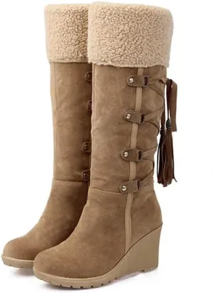 Women's Knee High Wedge Boots, Winter Warm Pointed Toe Suede Riding Boots Chunky Heel Faux Slouchy Boots Snow Wide Calf Tall Boots