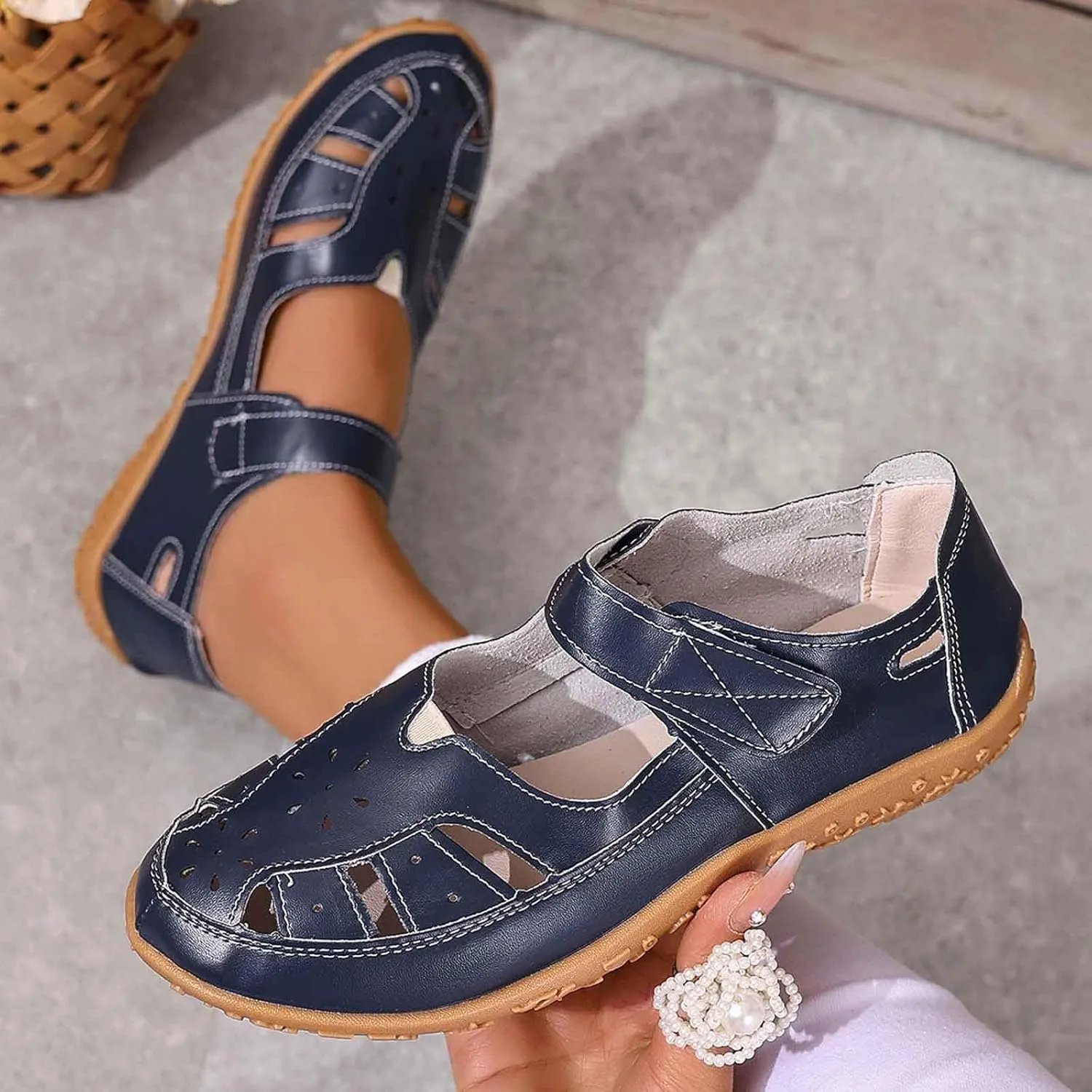 Women's Leather Boho Sandals,Comfort Softsole Closed Toe Adjustable Ankle Strap Casual Hollow Sandals for Women Sew