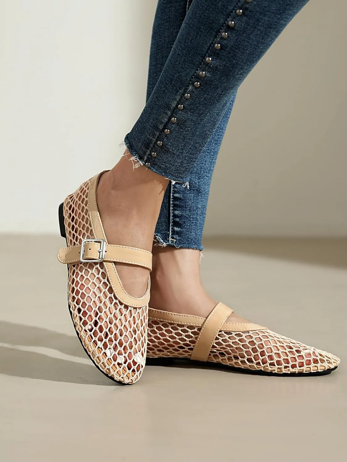 Women's Mesh Ballet Flats Mary Jane Ballerina Buckle Ankle Strap Round Toe Comfy Casual Office Shoes Closed Toe Dress Pumps