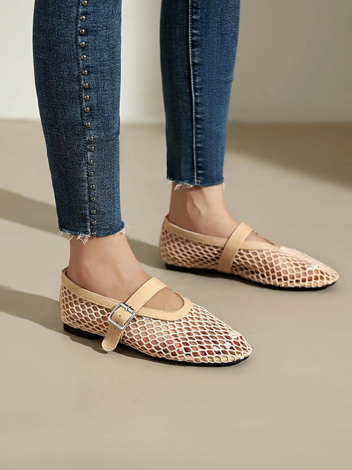 Women's Mesh Ballet Flats Mary Jane Ballerina Buckle Ankle Strap Round Toe Comfy Casual Office Shoes Closed Toe Dress Pumps