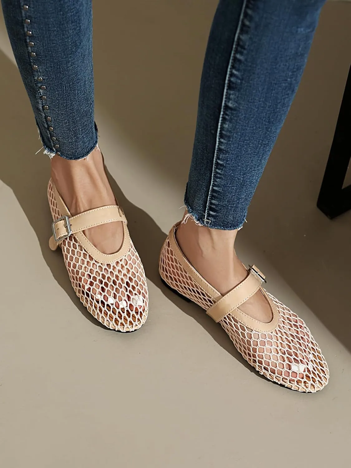 Women's Mesh Ballet Flats Mary Jane Ballerina Buckle Ankle Strap Round Toe Comfy Casual Office Shoes Closed Toe Dress Pumps