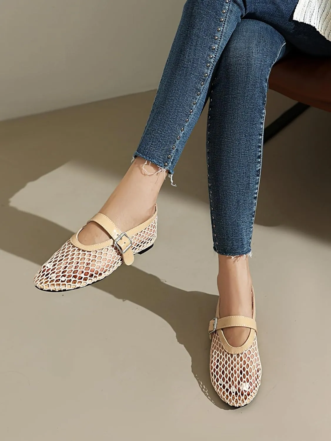 Women's Mesh Ballet Flats Mary Jane Ballerina Buckle Ankle Strap Round Toe Comfy Casual Office Shoes Closed Toe Dress Pumps