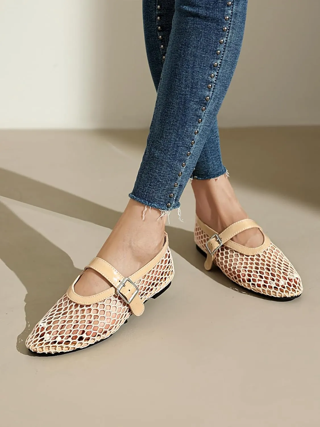 Women's Mesh Ballet Flats Mary Jane Ballerina Buckle Ankle Strap Round Toe Comfy Casual Office Shoes Closed Toe Dress Pumps