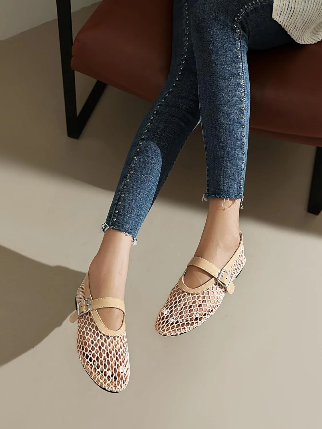 Women's Mesh Ballet Flats Mary Jane Ballerina Buckle Ankle Strap Round Toe Comfy Casual Office Shoes Closed Toe Dress Pumps
