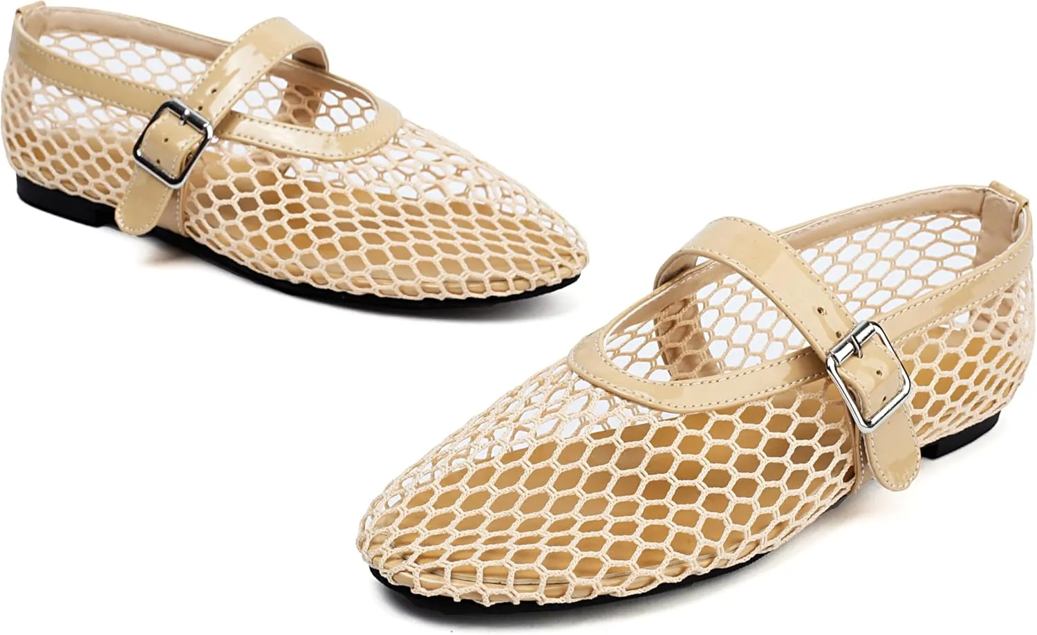 Women's Mesh Ballet Flats Mary Jane Ballerina Buckle Ankle Strap Round Toe Comfy Casual Office Shoes Closed Toe Dress Pumps
