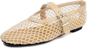 Women's Mesh Ballet Flats Mary Jane Ballerina Buckle Ankle Strap Round Toe Comfy Casual Office Shoes Closed Toe Dress Pumps