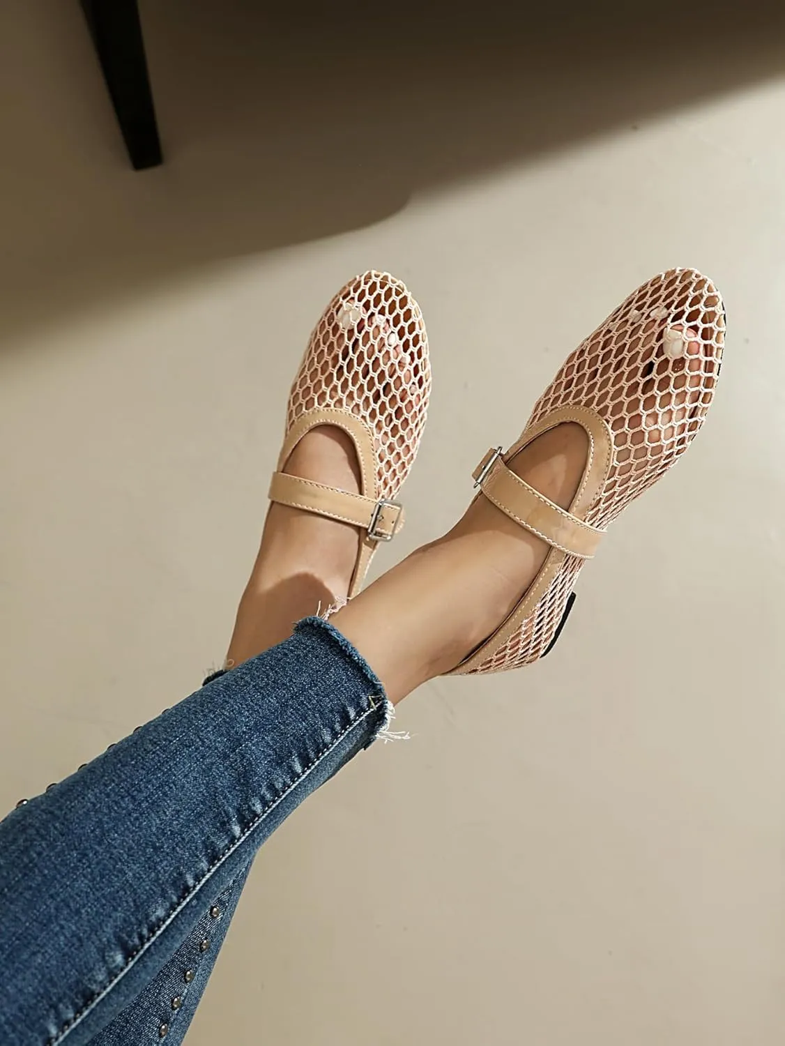 Women's Mesh Ballet Flats Mary Jane Ballerina Buckle Ankle Strap Round Toe Comfy Casual Office Shoes Closed Toe Dress Pumps