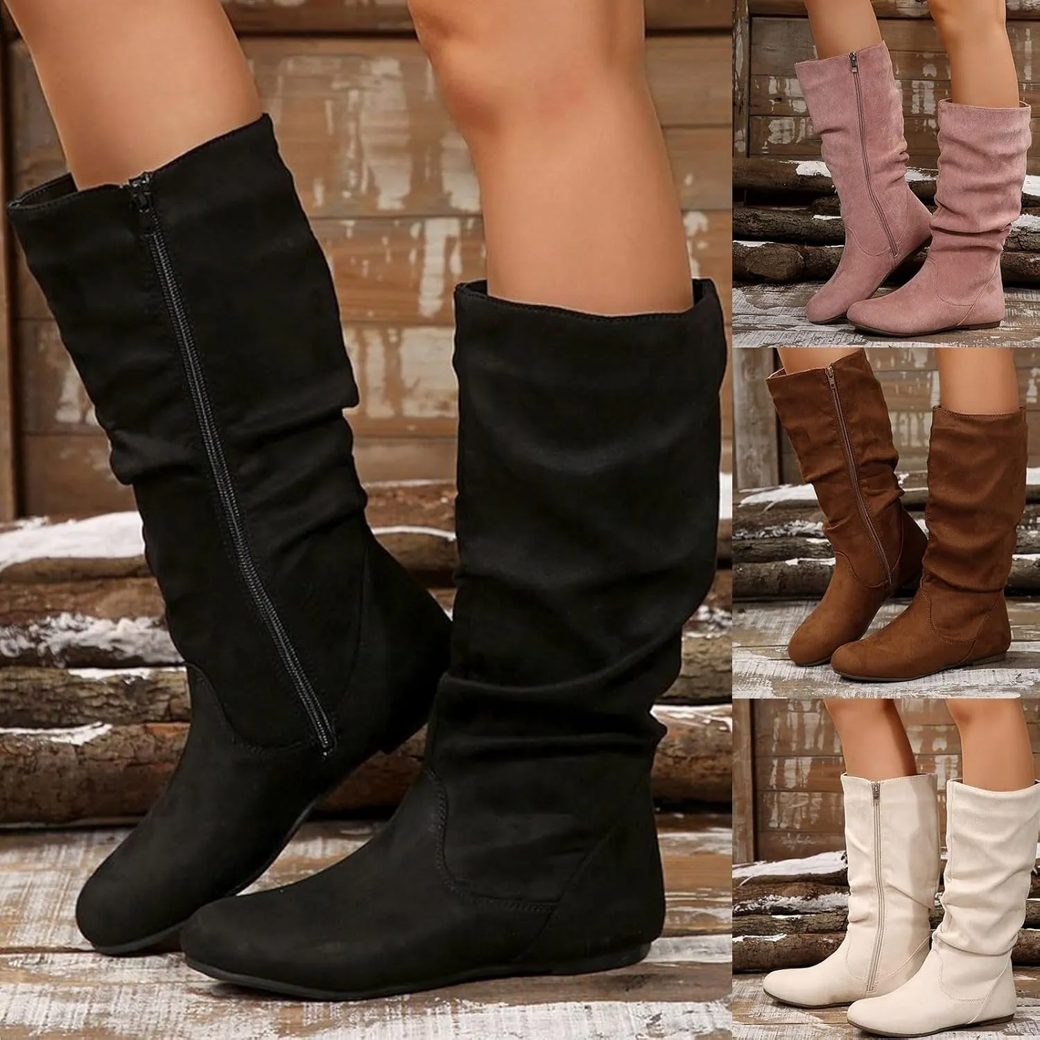 Womens Mid Calf Boots Wid Calf Side Zipper Wedge Flat Heel Comfort Casual Boots Pull On Booties Cowboy Fall Boots