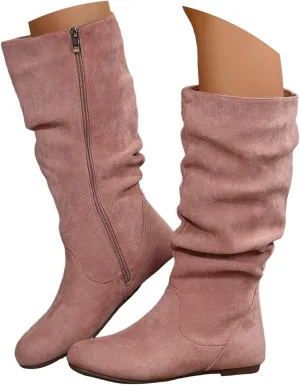 Womens Mid Calf Boots Wid Calf Side Zipper Wedge Flat Heel Comfort Casual Boots Pull On Booties Cowboy Fall Boots
