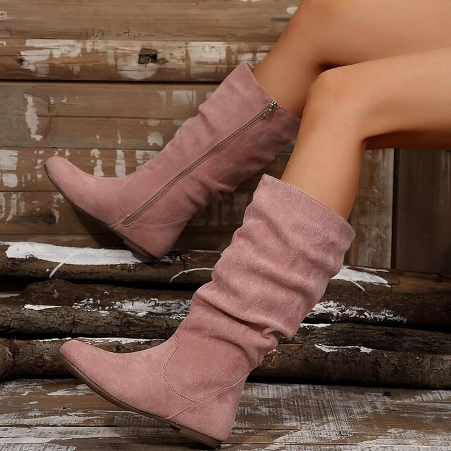 Womens Mid Calf Boots Wid Calf Side Zipper Wedge Flat Heel Comfort Casual Boots Pull On Booties Cowboy Fall Boots