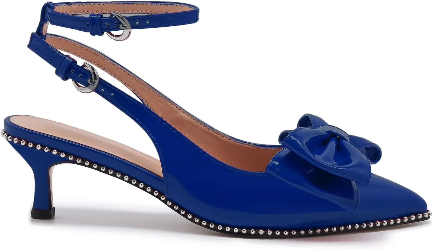 Women's Patent Leather Pointed Toe Slingback Heels  Elegant Burgundy Kitten Heels with Bow Detail and Ankle Strap, Studded Trim Dress Pumps for Party, Wedding, Evening
