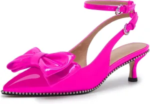 Women's Patent Leather Pointed Toe Slingback Heels  Elegant Burgundy Kitten Heels with Bow Detail and Ankle Strap, Studded Trim Dress Pumps for Party, Wedding, Evening
