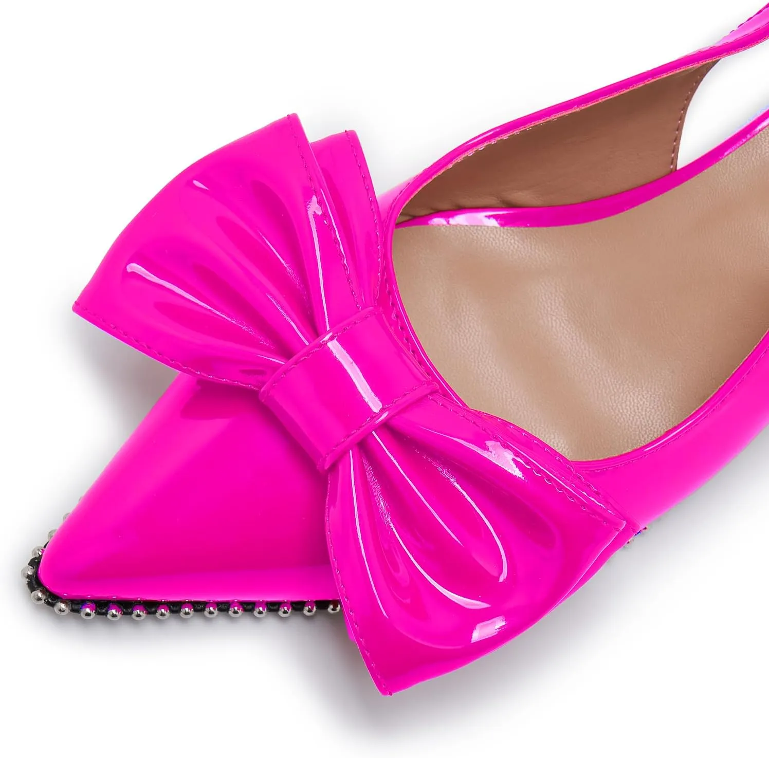 Women's Patent Leather Pointed Toe Slingback Heels  Elegant Burgundy Kitten Heels with Bow Detail and Ankle Strap, Studded Trim Dress Pumps for Party, Wedding, Evening