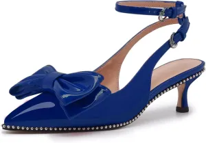 Women's Patent Leather Pointed Toe Slingback Heels  Elegant Burgundy Kitten Heels with Bow Detail and Ankle Strap, Studded Trim Dress Pumps for Party, Wedding, Evening