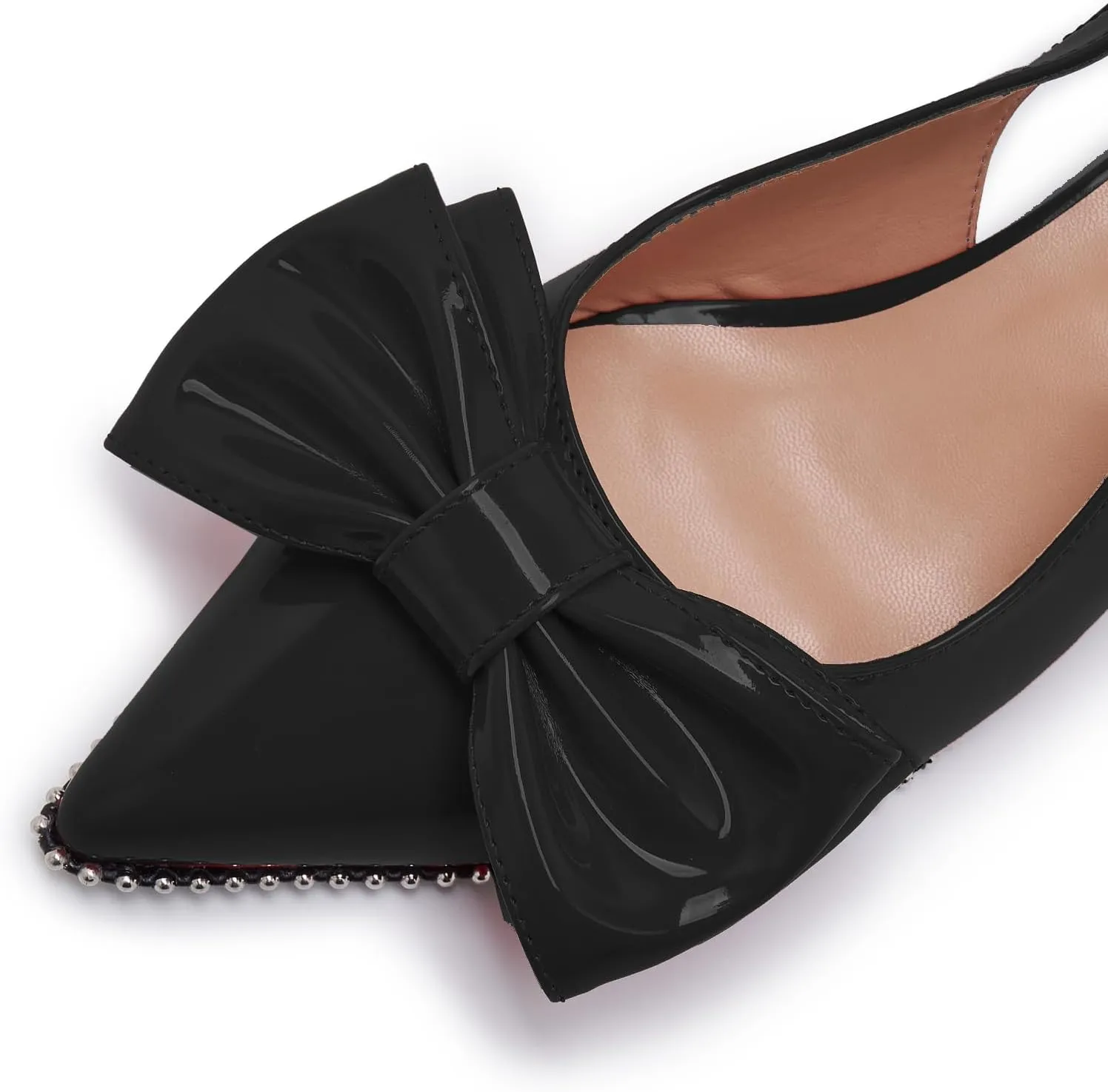 Women's Patent Leather Pointed Toe Slingback Heels  Elegant Burgundy Kitten Heels with Bow Detail and Ankle Strap, Studded Trim Dress Pumps for Party, Wedding, Evening