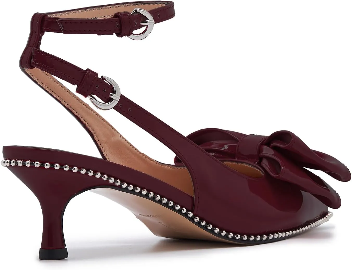 Women's Patent Leather Pointed Toe Slingback Heels  Elegant Burgundy Kitten Heels with Bow Detail and Ankle Strap, Studded Trim Dress Pumps for Party, Wedding, Evening