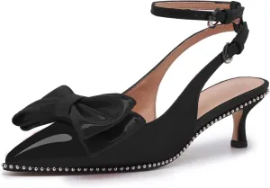 Women's Patent Leather Pointed Toe Slingback Heels  Elegant Burgundy Kitten Heels with Bow Detail and Ankle Strap, Studded Trim Dress Pumps for Party, Wedding, Evening