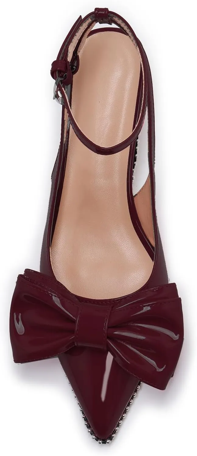 Women's Patent Leather Pointed Toe Slingback Heels  Elegant Burgundy Kitten Heels with Bow Detail and Ankle Strap, Studded Trim Dress Pumps for Party, Wedding, Evening