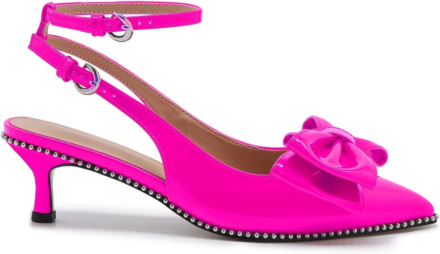 Women's Patent Leather Pointed Toe Slingback Heels  Elegant Burgundy Kitten Heels with Bow Detail and Ankle Strap, Studded Trim Dress Pumps for Party, Wedding, Evening