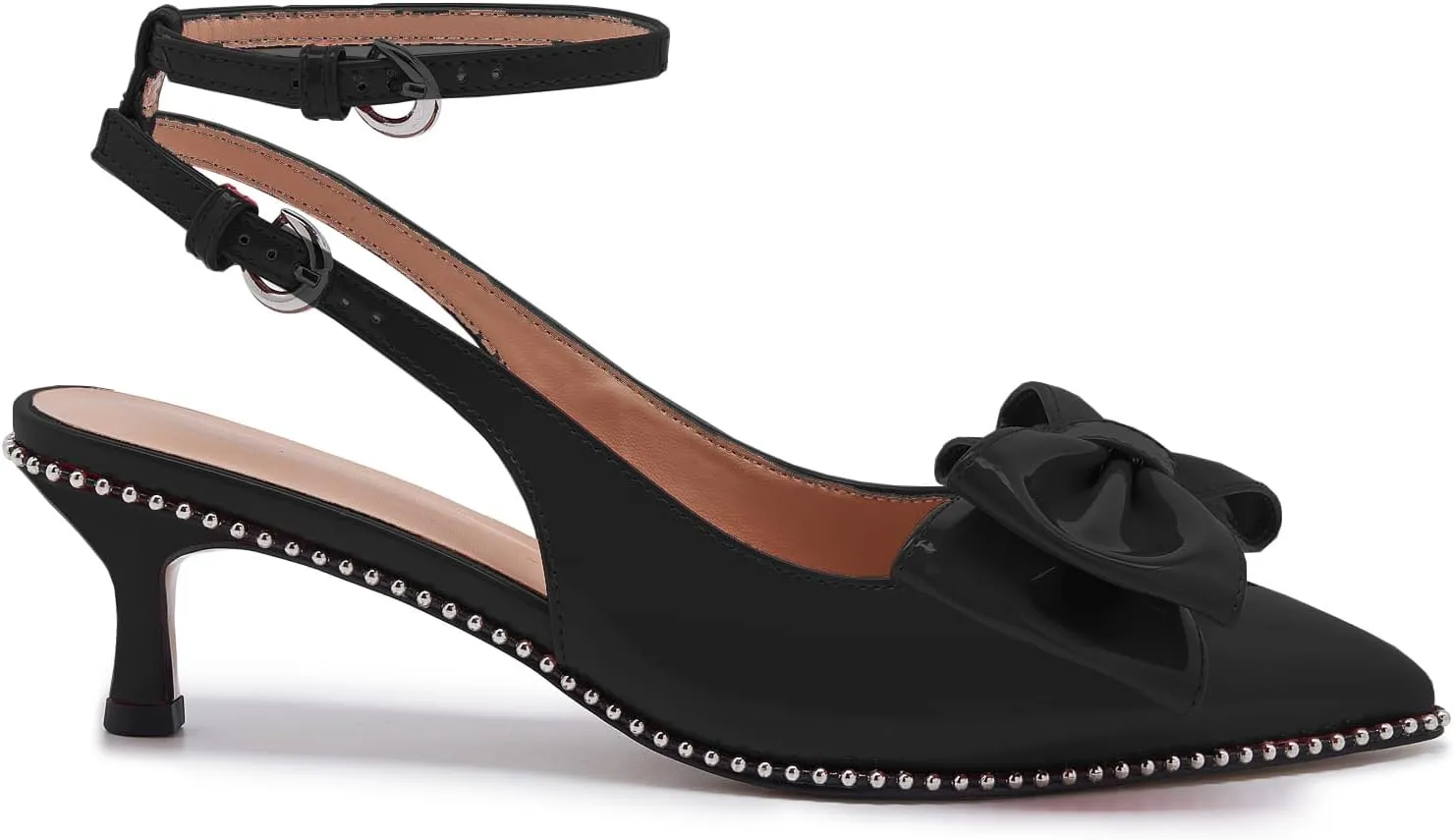 Women's Patent Leather Pointed Toe Slingback Heels  Elegant Burgundy Kitten Heels with Bow Detail and Ankle Strap, Studded Trim Dress Pumps for Party, Wedding, Evening