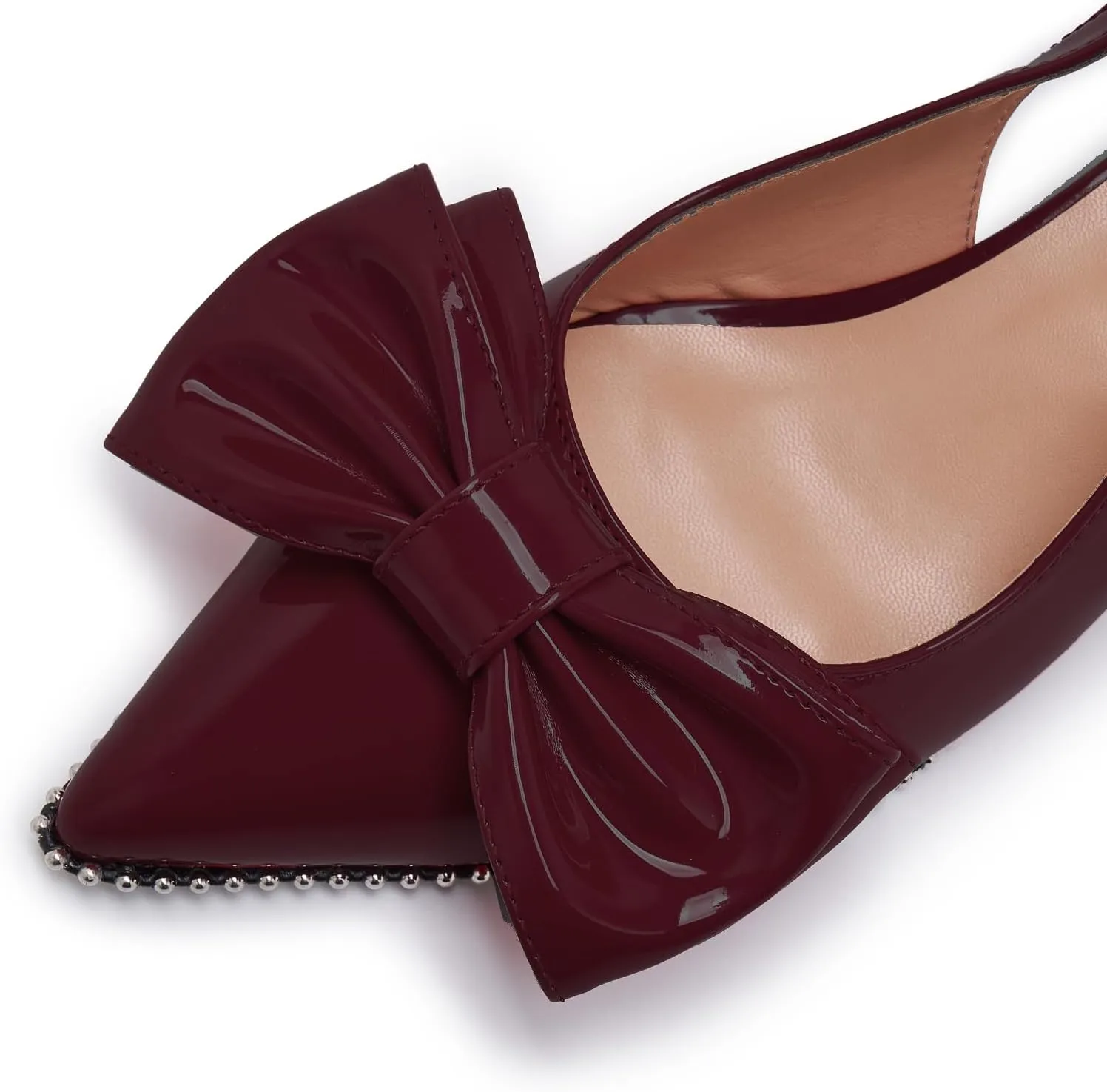 Women's Patent Leather Pointed Toe Slingback Heels  Elegant Burgundy Kitten Heels with Bow Detail and Ankle Strap, Studded Trim Dress Pumps for Party, Wedding, Evening