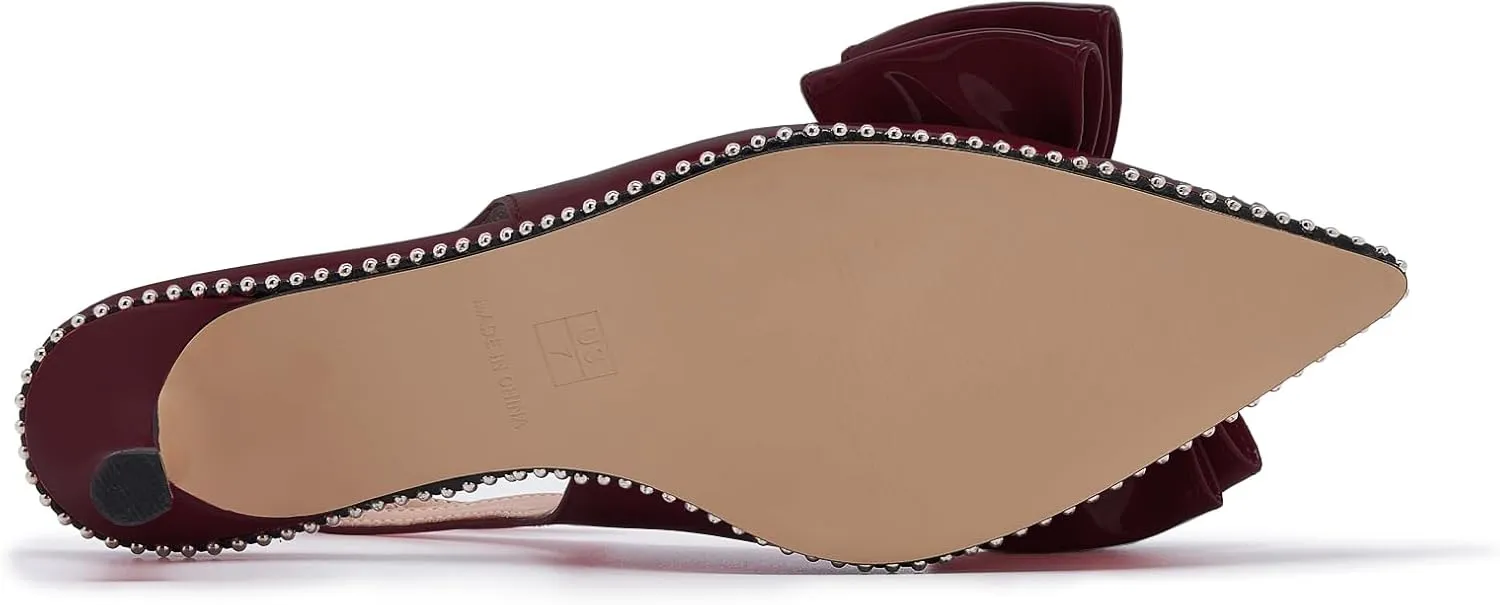 Women's Patent Leather Pointed Toe Slingback Heels  Elegant Burgundy Kitten Heels with Bow Detail and Ankle Strap, Studded Trim Dress Pumps for Party, Wedding, Evening