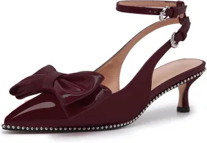 Women's Patent Leather Pointed Toe Slingback Heels  Elegant Burgundy Kitten Heels with Bow Detail and Ankle Strap, Studded Trim Dress Pumps for Party, Wedding, Evening