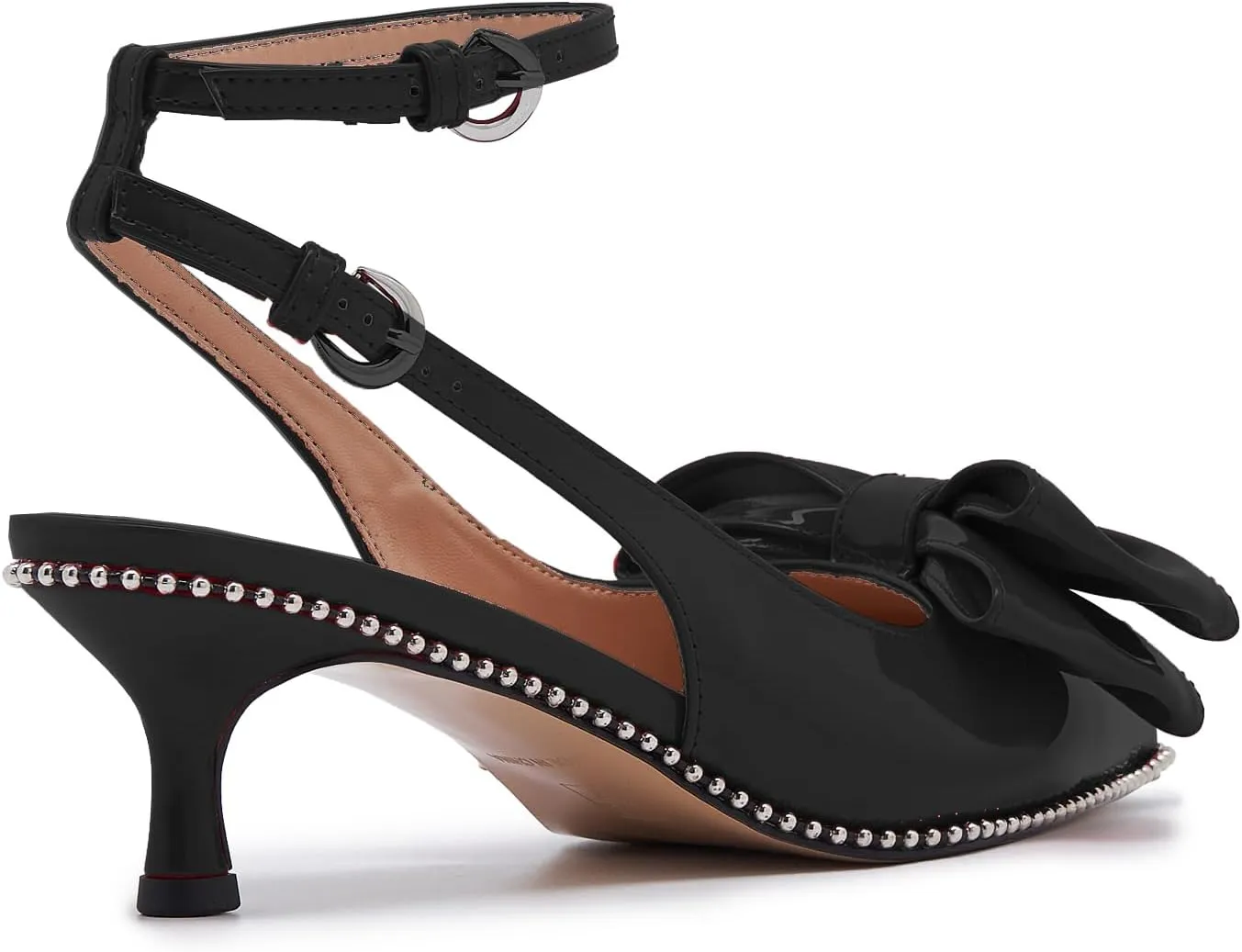 Women's Patent Leather Pointed Toe Slingback Heels  Elegant Burgundy Kitten Heels with Bow Detail and Ankle Strap, Studded Trim Dress Pumps for Party, Wedding, Evening