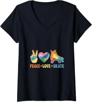 Womens Peace Love Skate Roller Skate Shoes Tie Dye Roller Skating V-Neck T-Shirt