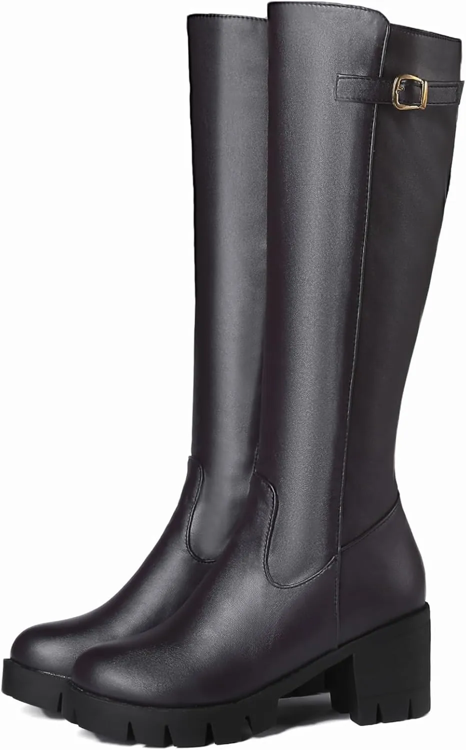 Womens Platform Knee High Boots Zipper Biker Boots with Chunky Heel