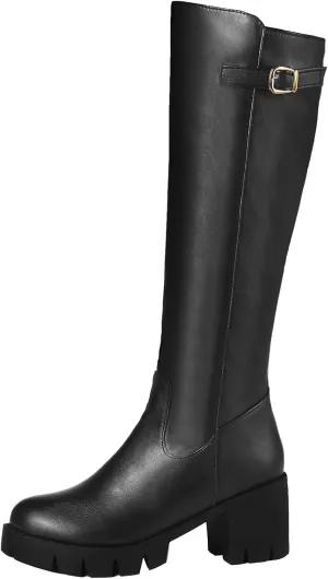 Womens Platform Knee High Boots Zipper Biker Boots with Chunky Heel