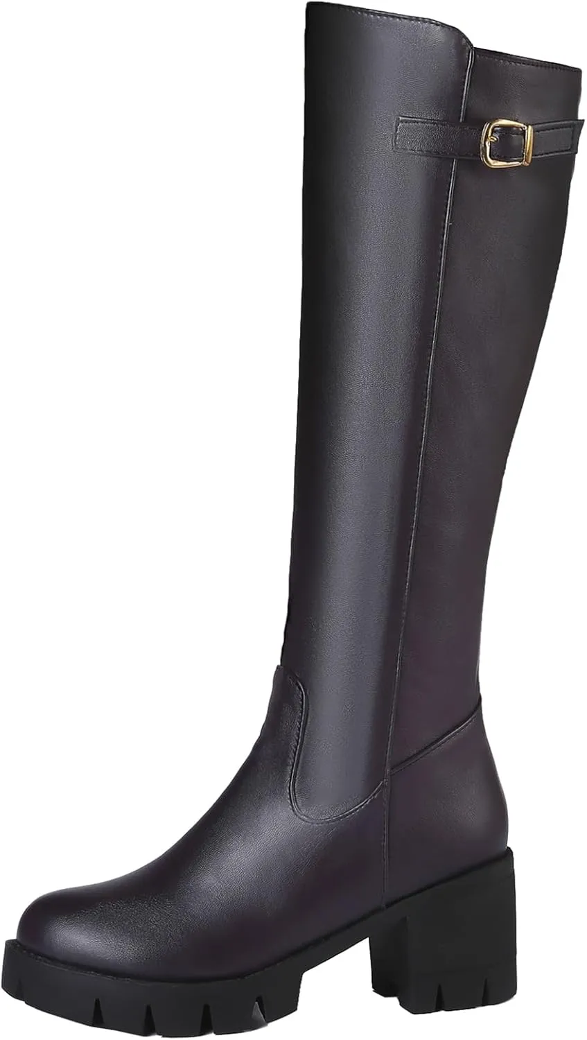 Womens Platform Knee High Boots Zipper Biker Boots with Chunky Heel