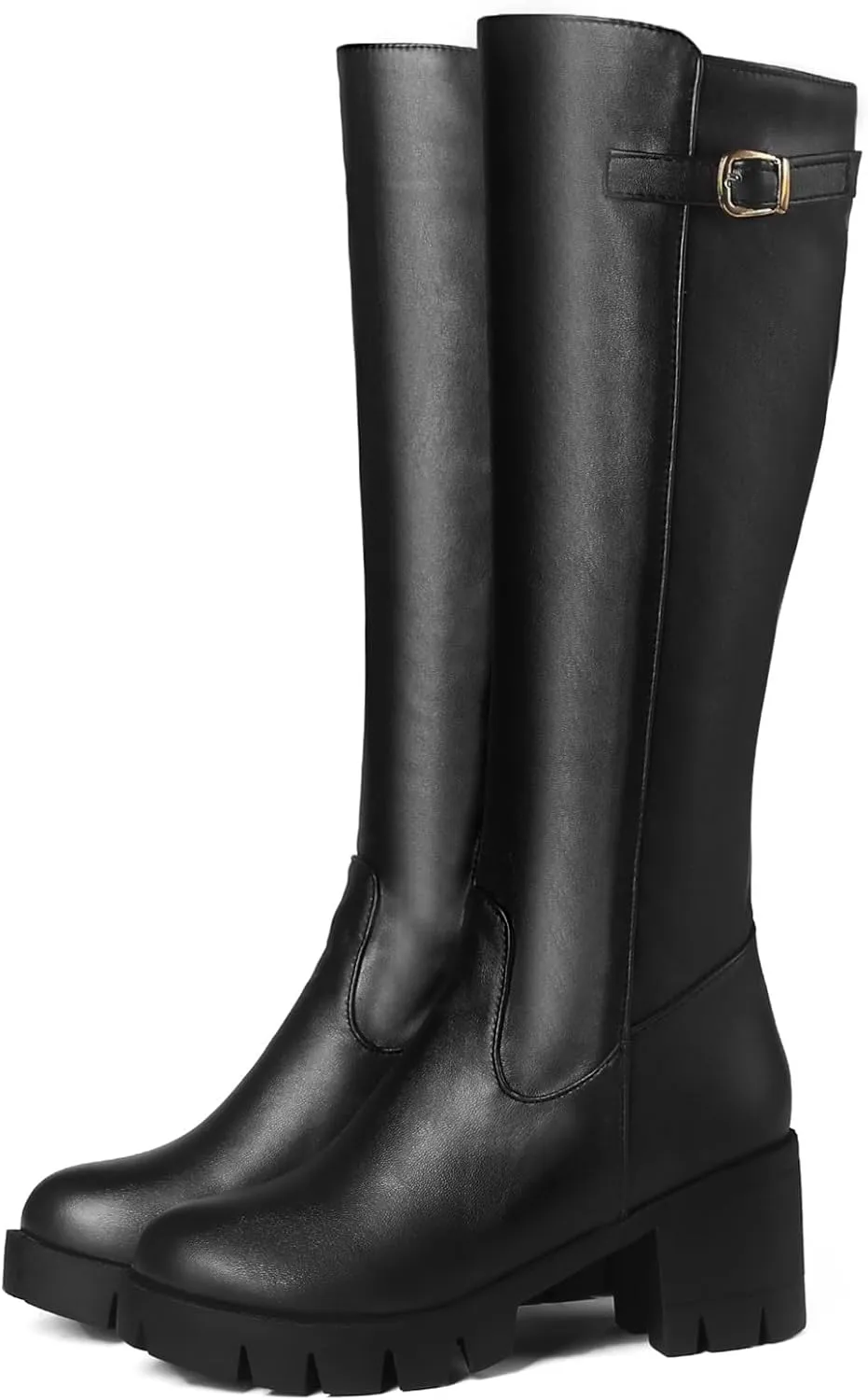 Womens Platform Knee High Boots Zipper Biker Boots with Chunky Heel