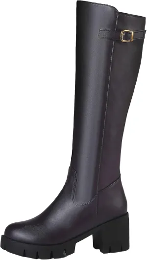 Womens Platform Knee High Boots Zipper Biker Boots with Chunky Heel