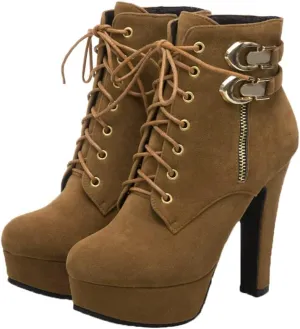 Womens Platform Lace Up Biker Boots Chunky High Heel Booties Buckle