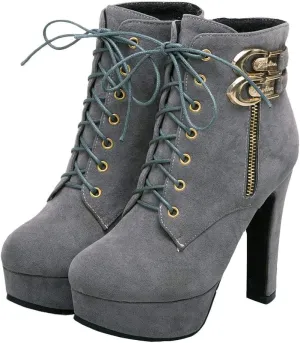 Womens Platform Lace Up Biker Boots Chunky High Heel Booties Buckle