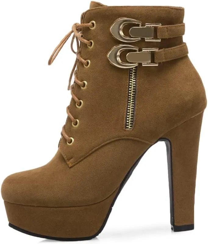 Womens Platform Lace Up Biker Boots Chunky High Heel Booties Buckle