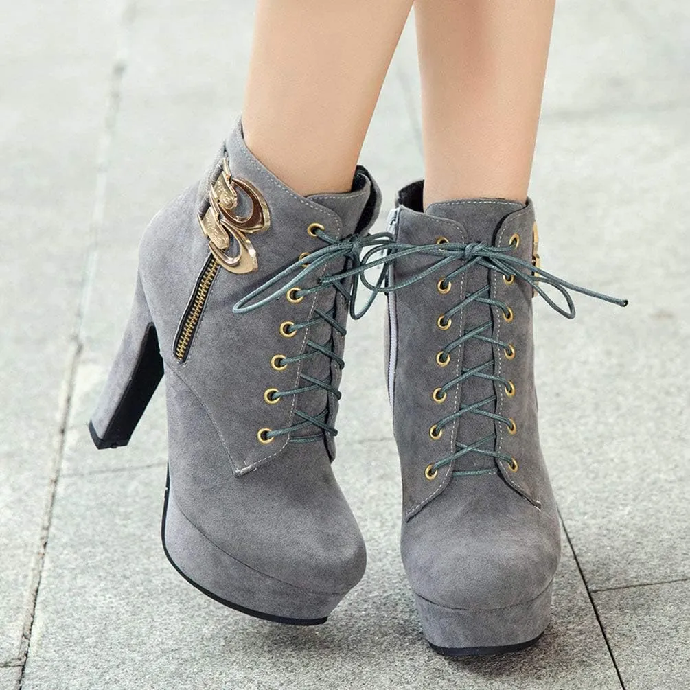 Womens Platform Lace Up Biker Boots Chunky High Heel Booties Buckle
