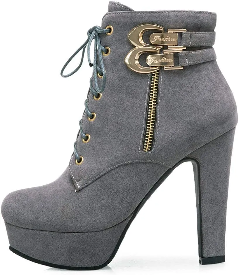 Womens Platform Lace Up Biker Boots Chunky High Heel Booties Buckle