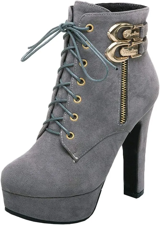 Womens Platform Lace Up Biker Boots Chunky High Heel Booties Buckle