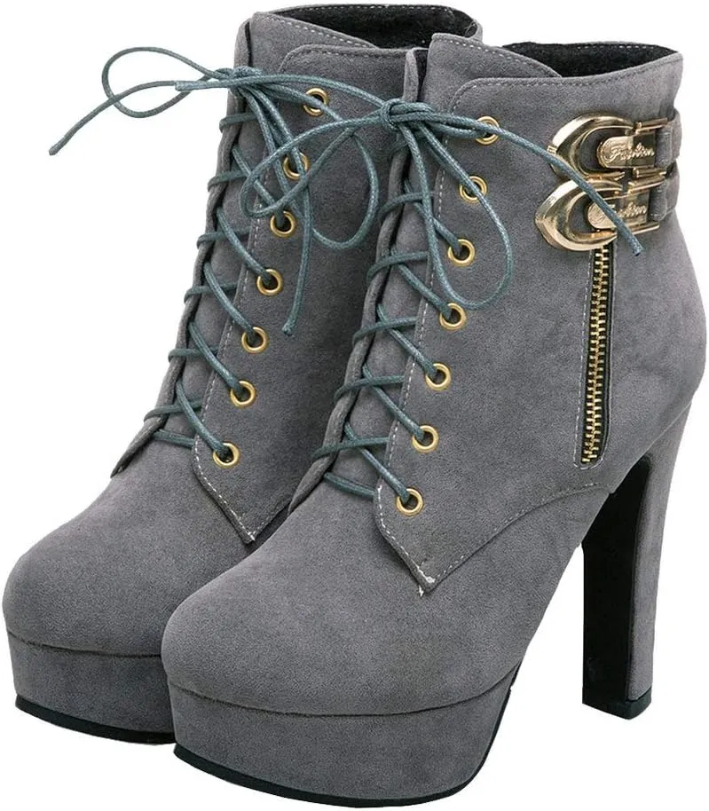 Womens Platform Lace Up Biker Boots Chunky High Heel Booties Buckle