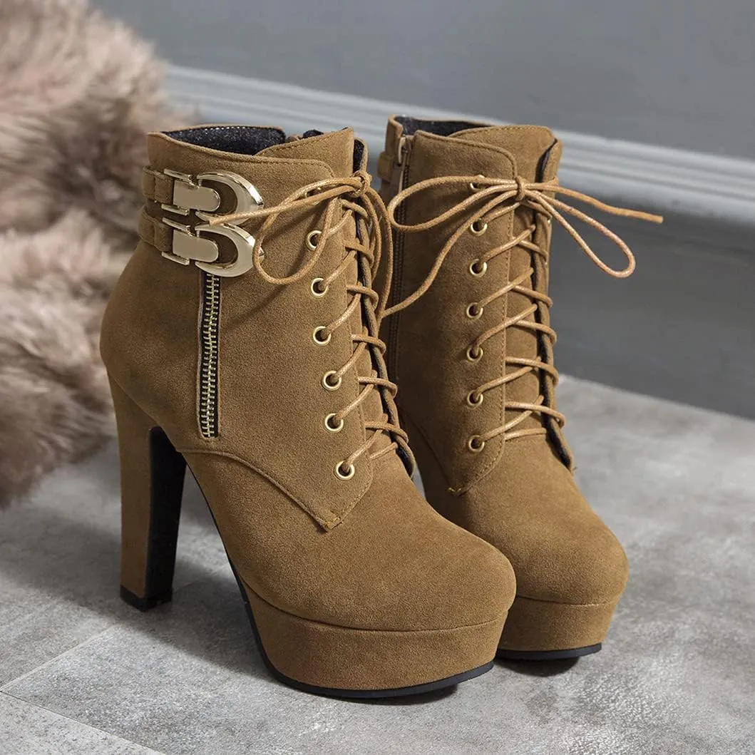 Womens Platform Lace Up Biker Boots Chunky High Heel Booties Buckle