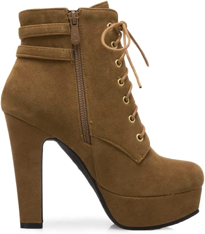 Womens Platform Lace Up Biker Boots Chunky High Heel Booties Buckle